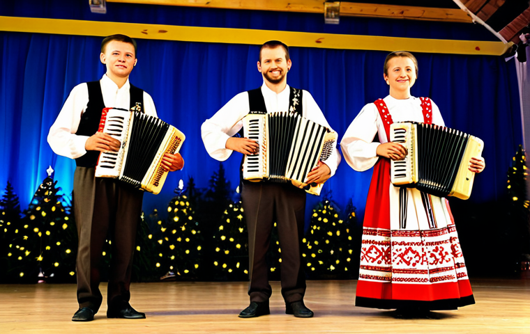 **

A professional photograph of a Slovakian folk band performing on a brightly lit stage, fully clothed in traditional Slovakian attire, appropriate content, safe for work, perfect anatomy, natural proportions. The musicians are playing traditional instruments like the accordion, cymbalom, and fujara. The background features a festive setting with traditional Slovakian decorations. Family-friendly, professional.

**