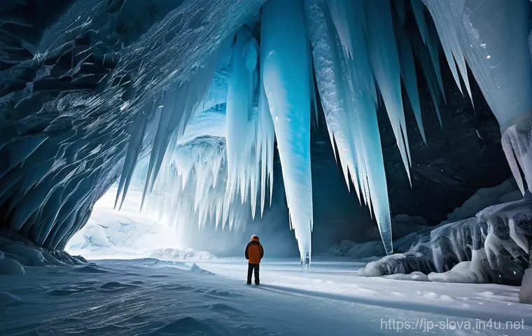 슬로바키아 도브신스카 얼음 동굴 - **Prompt 1: Majestic Ice Palace with Observer**
    "A breathtaking wide-angle shot inside the Dobši...