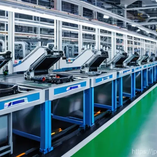 슬로바키아 주요 수출 품목 - **Prompt:** A bustling, ultra-modern automotive factory in Slovakia. Sleek, robotic arms are expertl...