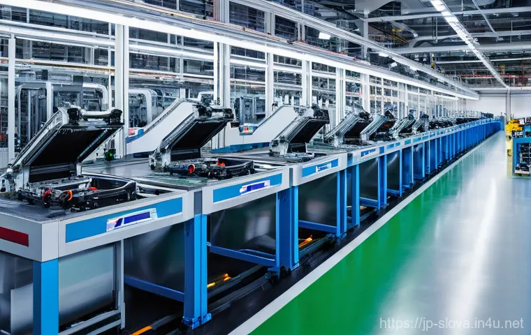 슬로바키아 주요 수출 품목 - **Prompt:** A bustling, ultra-modern automotive factory in Slovakia. Sleek, robotic arms are expertl...