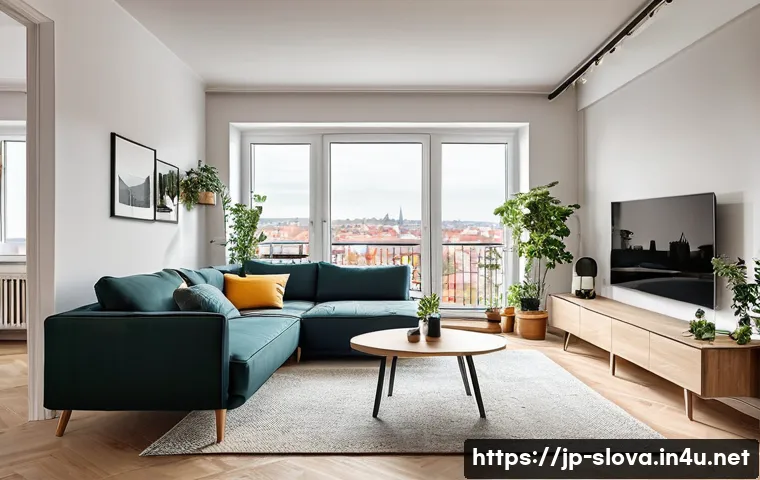슬로바키아에서 집 구하는 방법 - A modern apartment interior in Bratislava, Slovakia, showcasing a cozy living room with sleek Scandi...
