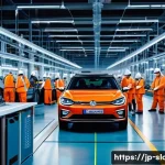 슬로바키아 GDP 성장률 분석 - A bustling modern automotive factory in Slovakia, showing diverse workers wearing protective clothin...