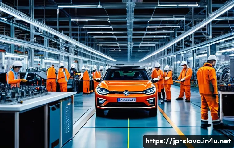 슬로바키아 GDP 성장률 분석 - A bustling modern automotive factory in Slovakia, showing diverse workers wearing protective clothin...