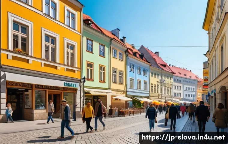 슬로바키아 vs 우크라이나 여행 안전성 - A vibrant street scene in Bratislava, Slovakia during daytime, showing a safe and lively urban envir...