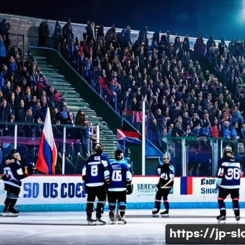 슬로바키아 vs 세르비아 스포츠 인기 종목 - A vibrant ice hockey game scene in Slovakia during winter, showing a local outdoor rink surrounded b...