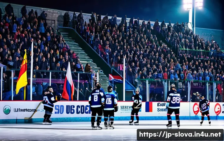 슬로바키아 vs 세르비아 스포츠 인기 종목 - A vibrant ice hockey game scene in Slovakia during winter, showing a local outdoor rink surrounded b...