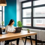 슬로바키아 현지 취업 기회 - A modern coworking space in Bratislava filled with diverse young professionals, including a Japanese...
