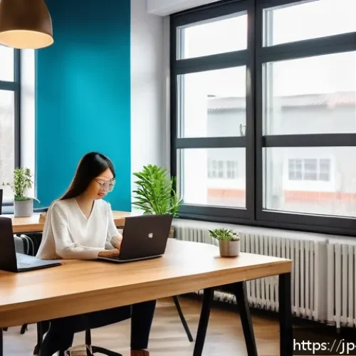슬로바키아 현지 취업 기회 - A modern coworking space in Bratislava filled with diverse young professionals, including a Japanese...