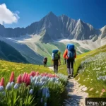 슬로바키아 타트라 산맥 등산 코스 - A vibrant spring scene in the Tatra Mountains showcasing fresh green alpine meadows dotted with colo...
