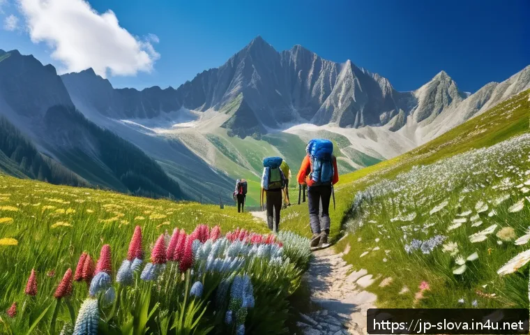 슬로바키아 타트라 산맥 등산 코스 - A vibrant spring scene in the Tatra Mountains showcasing fresh green alpine meadows dotted with colo...