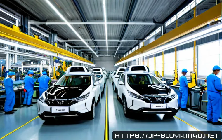슬로바키아 자동차 산업과 기아차 공장 - Photorealistic wide-angle view inside a modern Slovak automobile assembly plant, compact crossover v...
